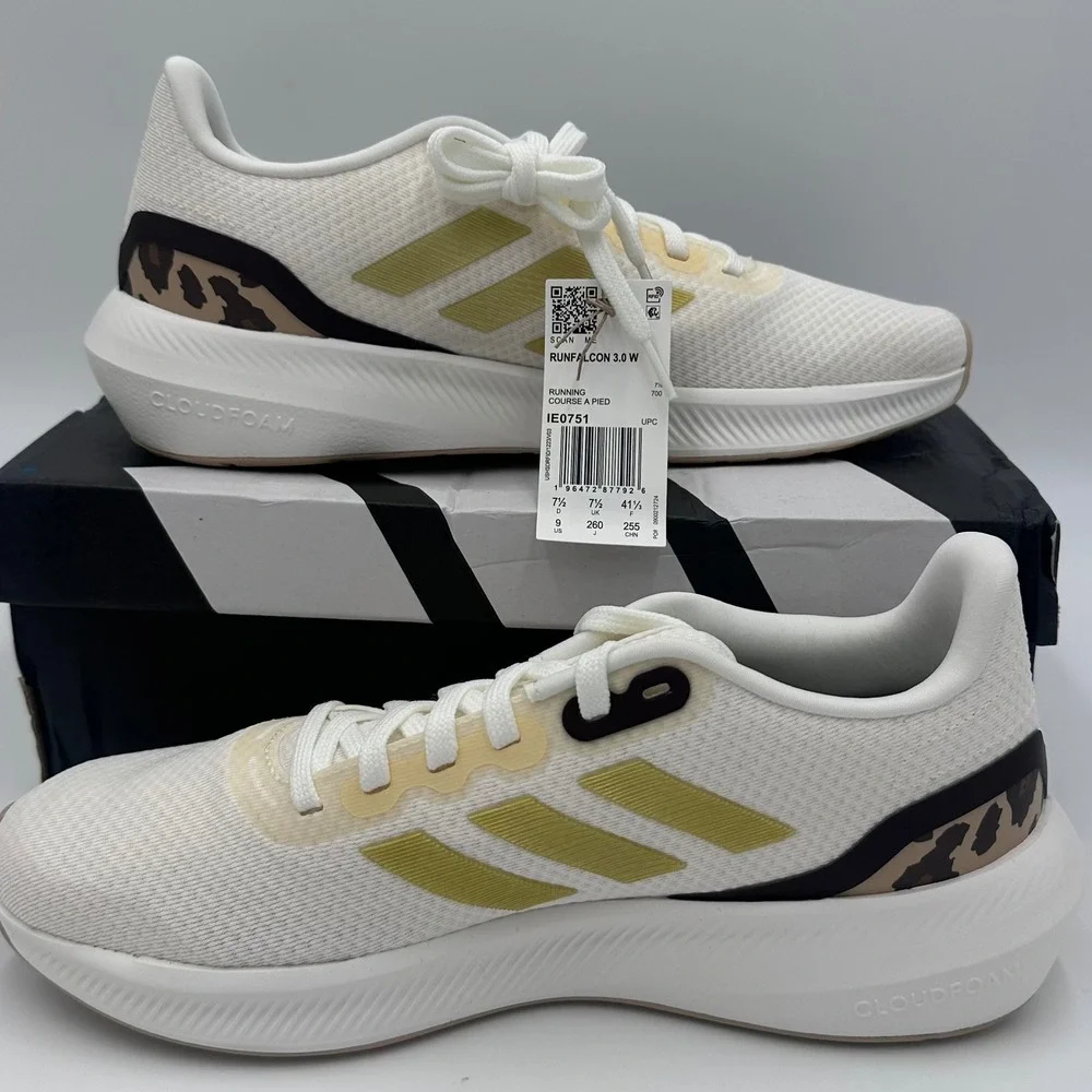 Adidas Runfalcon 3.0 W Womens 9 White Gold Leopard Print Running Shoes NEW